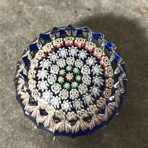 Vintage Perthshire Millefori Intricate Blue and White Glass Paperweight